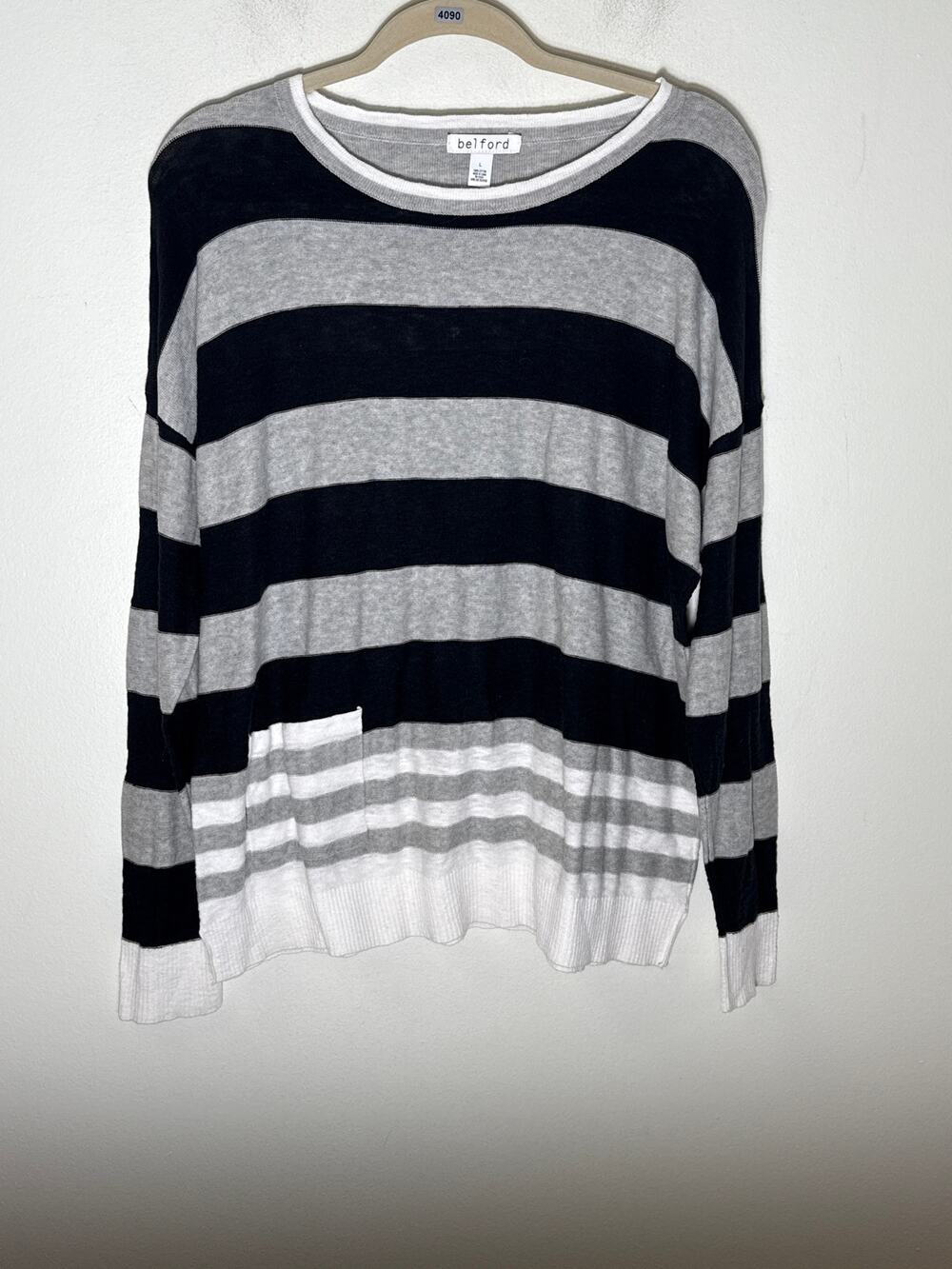 Belford Gray Black Stripe Long Sleeve Crew Neck Lightweight Cotton Sweater Sz L